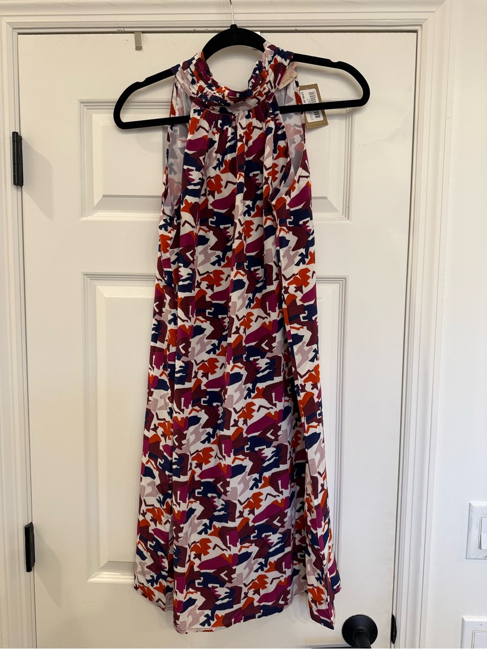 NWT Rungolee Steffi Halter Silk Abstract Dress Bordeaux Pick Up The Pieces M